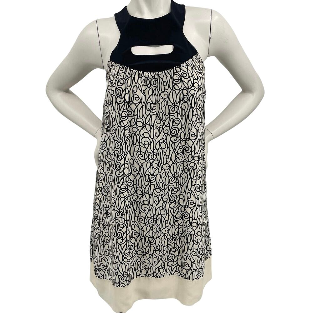 SDll Womens Silk Shift Dress Cream Black Whimsical Print Lined Hi Neck Cut Out M